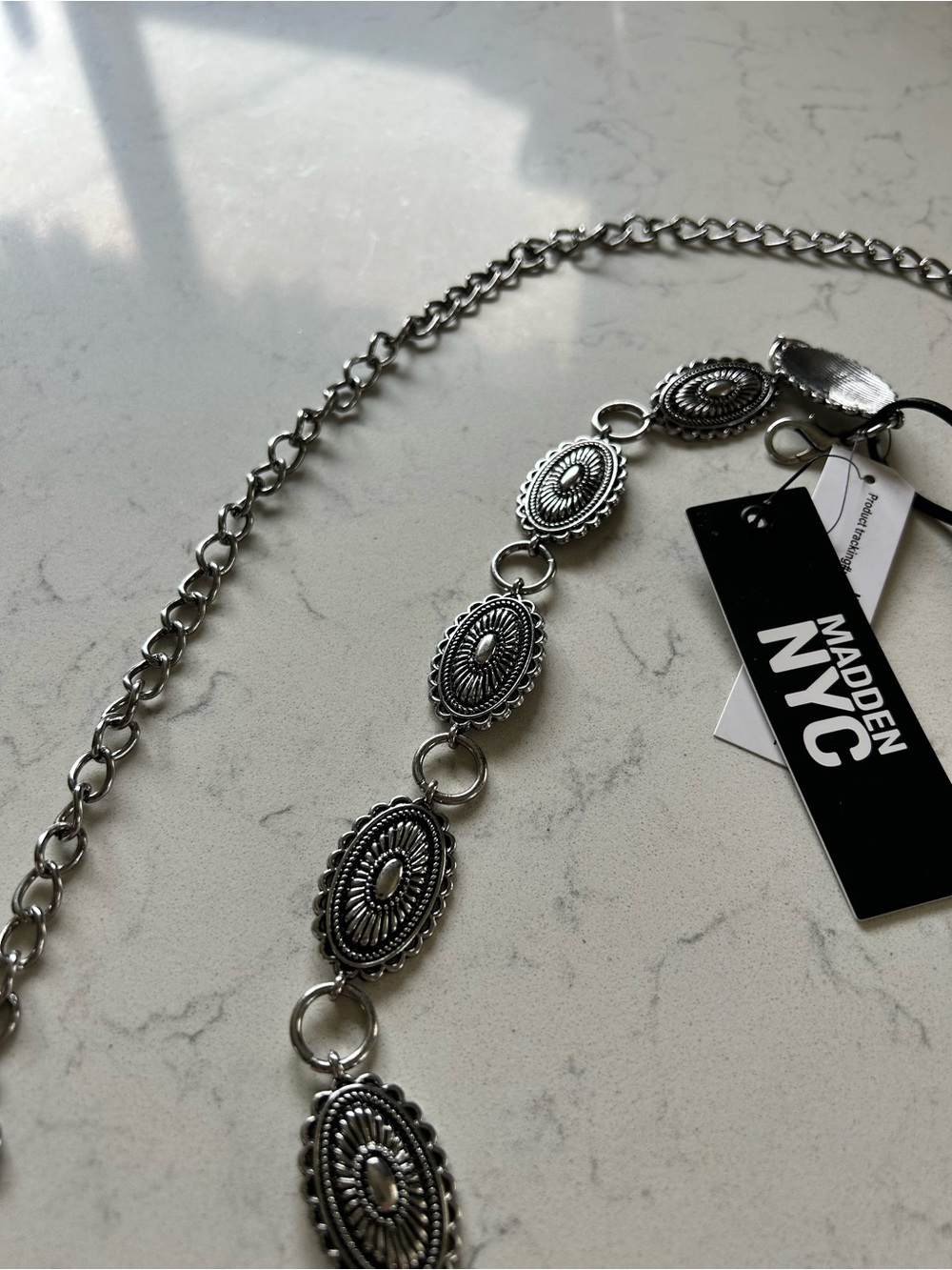 NWT Madden NYC Silver Concho Chain Belt with Engraved Embellished Medallions - Picture 2 of 10